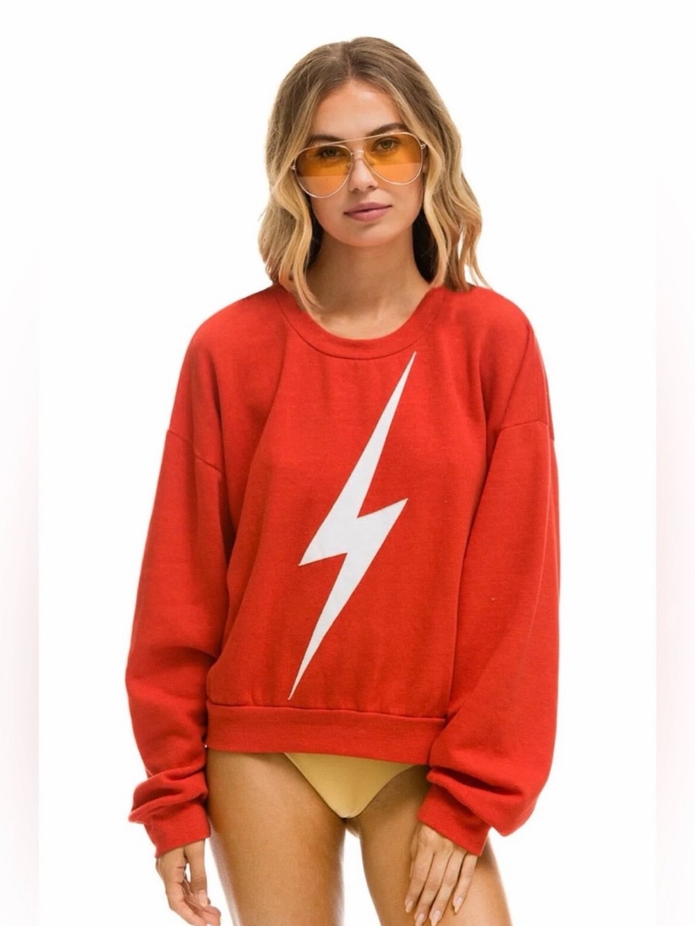 Aviator Nation Red Crewneck with White Lightning Bolt Graphic